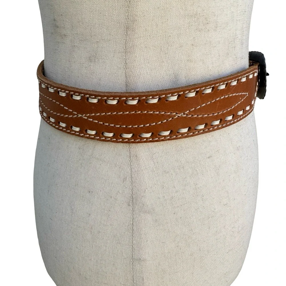 Gilles Herve Paris Tan Leather Whipstitch‎ Western Belt Made in France Size 80